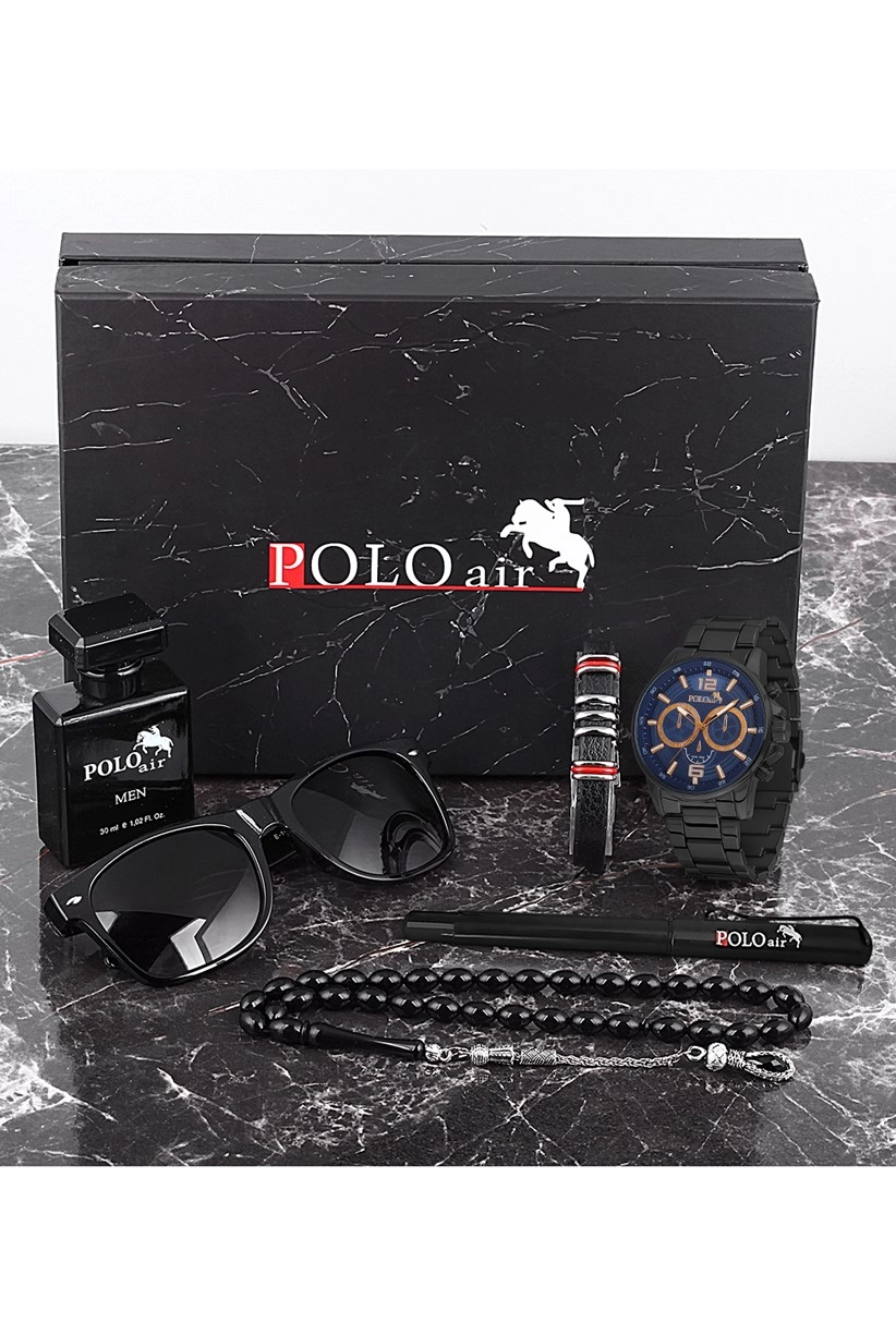 Polo Air Erkek Set Saat Gözlük Parfüm Tesbih Kalem Bileklik Özel Kutulu Siyah-İçi Lacivert PL-0759E3