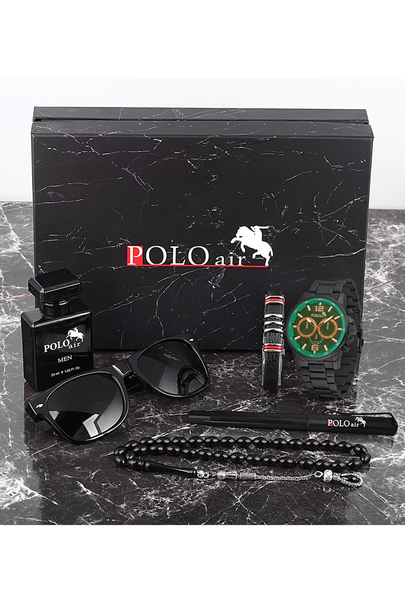 Polo Air Erkek Set Saat Gözlük Parfüm Tesbih Kalem Bileklik Özel Kutulu Siyah-İçi Yeşil PL-0759E4