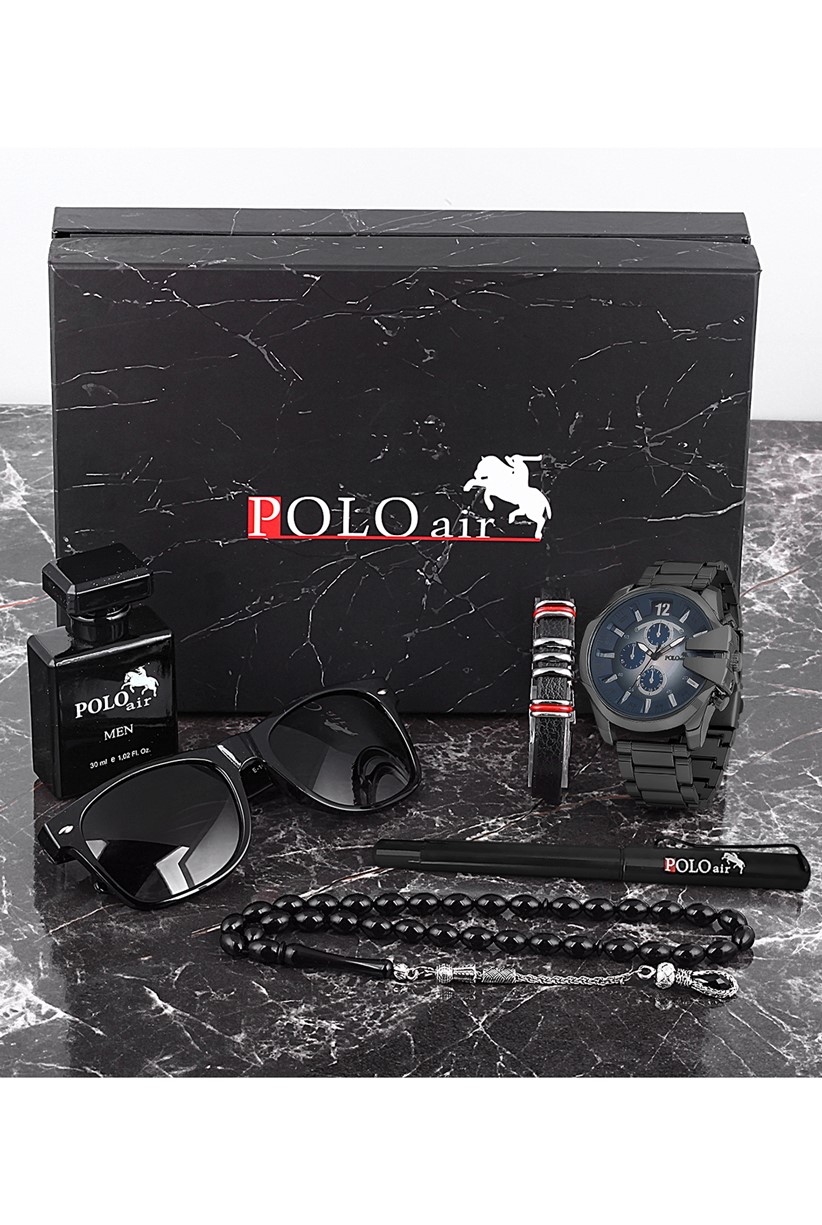Polo Air Erkek Set Saat Gözlük Parfüm Tesbih Kalem Bileklik Özel Kutulu Siyah-Mavi Renk PL-0753E10