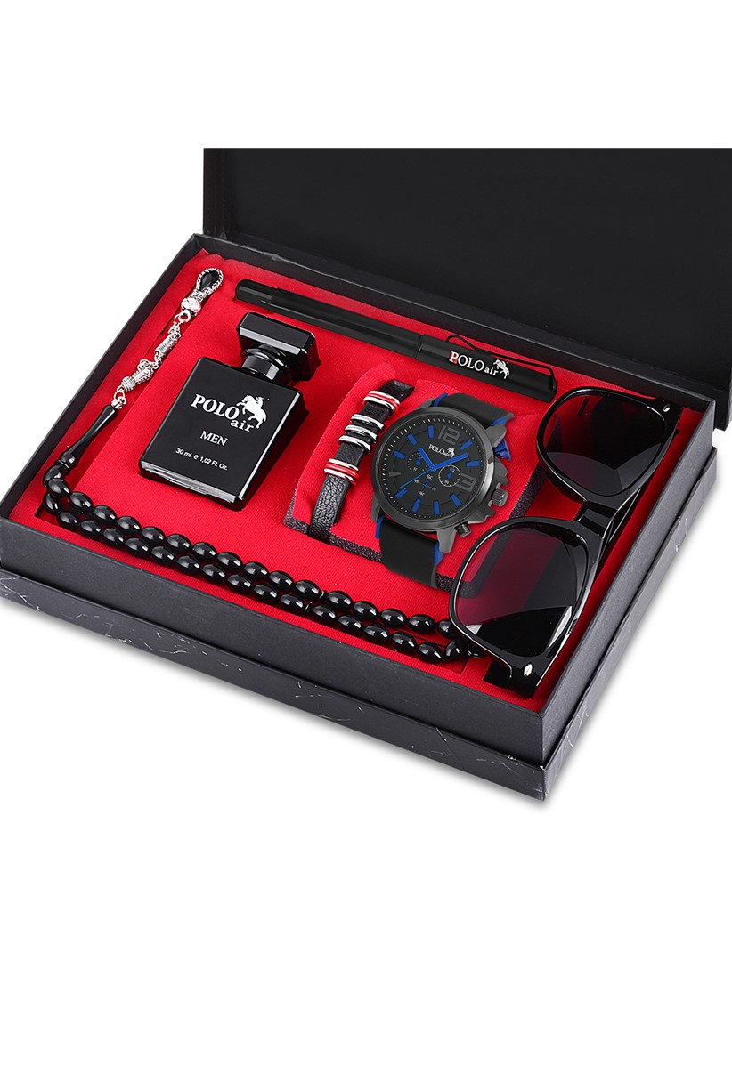 Polo Air Erkek Set Saat Gözlük Parfüm Tesbih Kalem Bileklik Özel Kutulu Siyah-Mavi Renk 