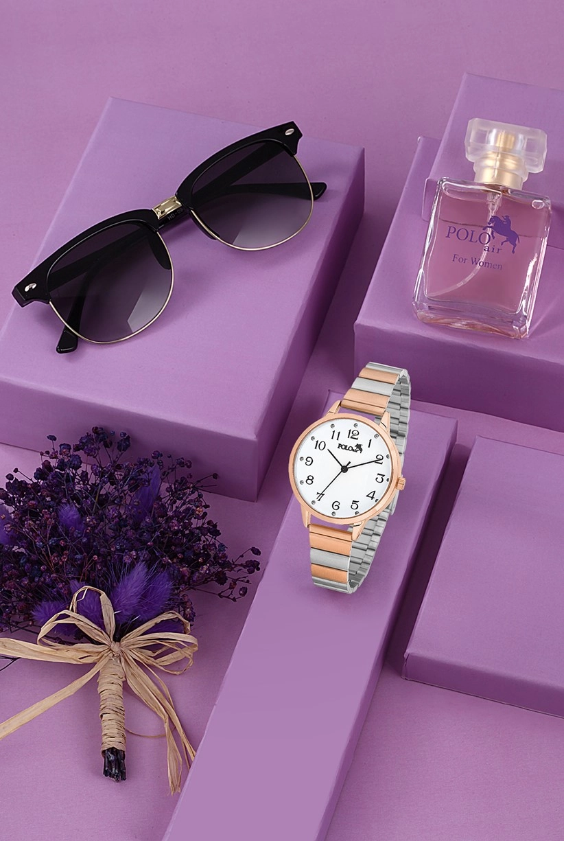 Polo Air Kadın Kol Saati Kutulu Set 30 ml Parfüm ve Güneş Gözlüğü Seti Bakır-Beyaz 
