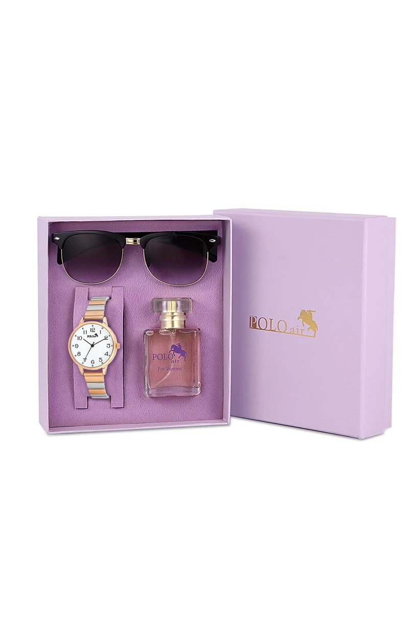 Polo Air Kadın Kol Saati Kutulu Set 30 ml Parfüm ve Güneş Gözlüğü Seti Bakır-Beyaz 