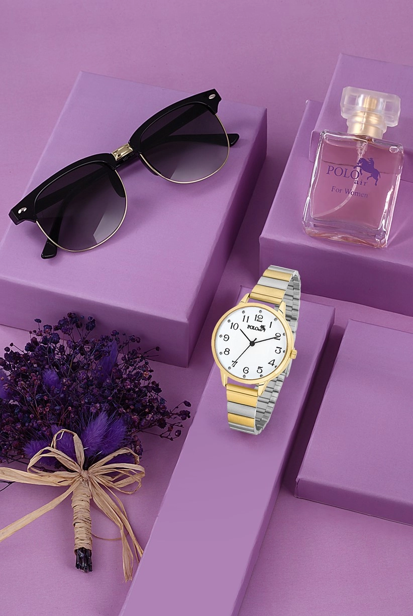 Polo Air Kadın Kol Saati Kutulu Set 30 ml Parfüm ve Güneş Gözlüğü Seti Sarı-Beyaz 