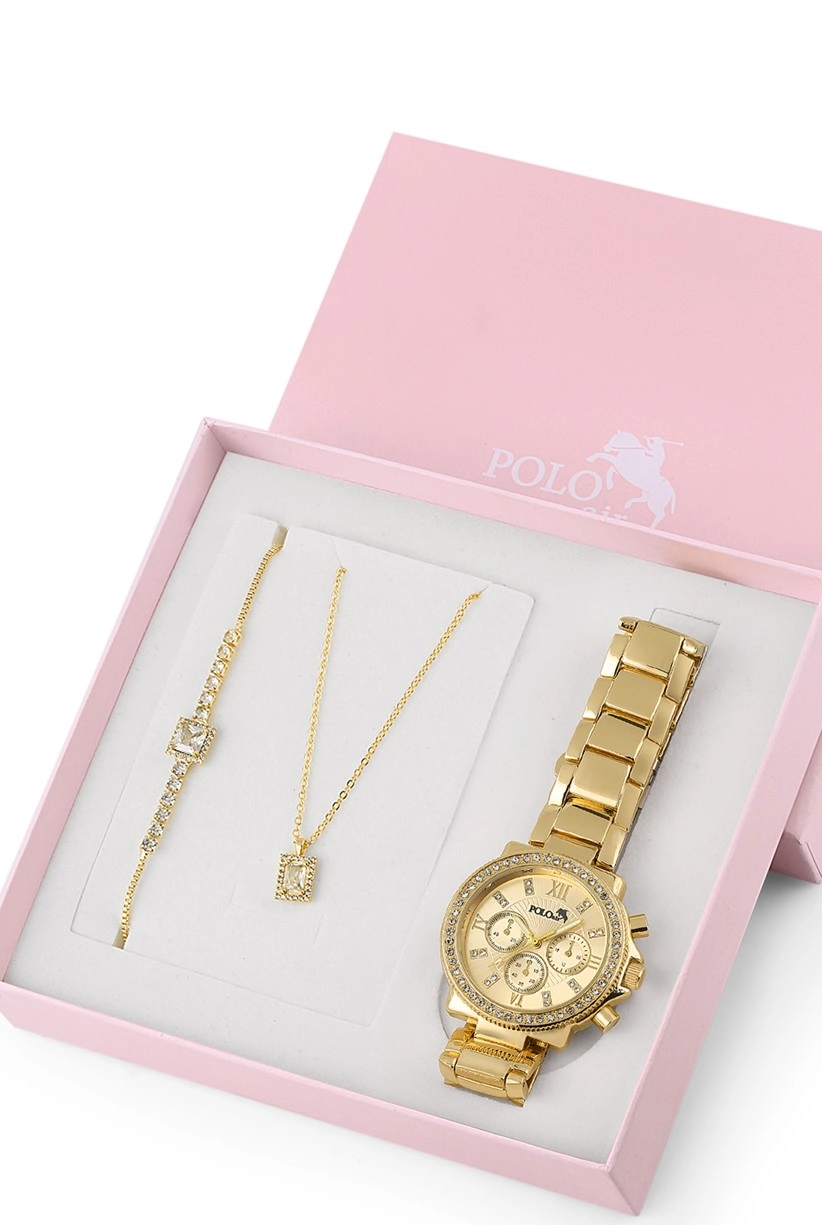Polo Air Kadın Kol Saati Zirkon Taşlı Baget Kolye Bileklik Özel Kombin Set Altın Renk st-2074s1