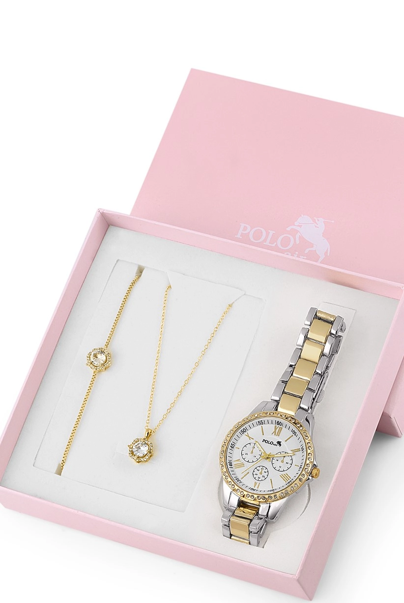 Polo Air Kadın Kol Saati Zirkon Taşlı Kolye Bileklik Özel Kombin Set Gümüş-Sarı Renk st-2075s3
