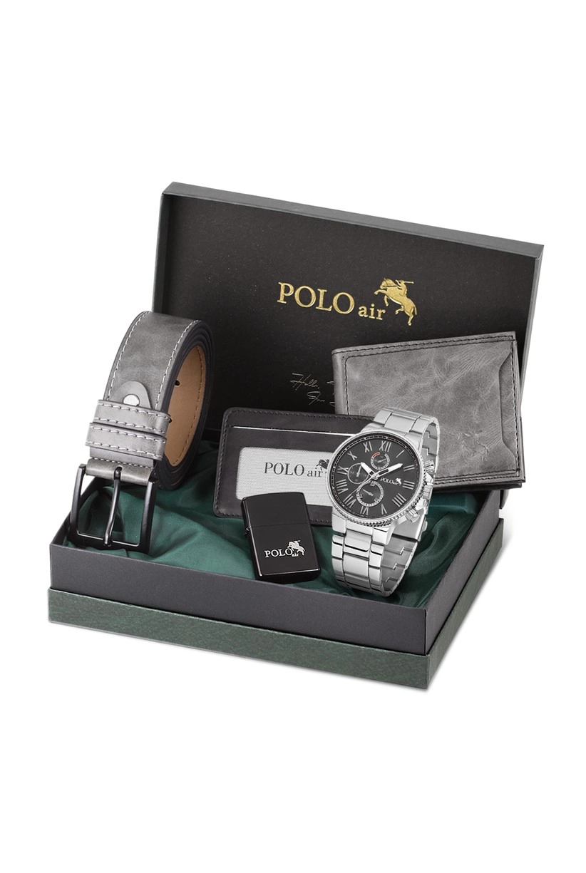 Polo Air Kutulu Erkek Kol Saati Cüzdan Kemer Kartlık Benzinli Çakmak Seti Gri PL-0699E4