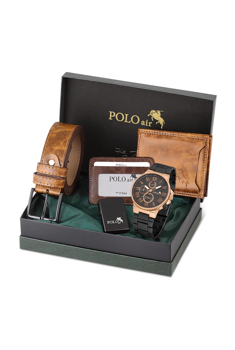 Polo Air Kutulu Erkek Kol Saati Cüzdan Kemer Kartlık Benzinli Çakmak Seti Taba PL-0699E3