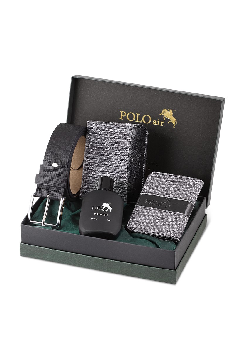 Polo Air Kutulu Erkek Parfüm Kemer Cüzdan Kartlık Seti Gri PM-10-G