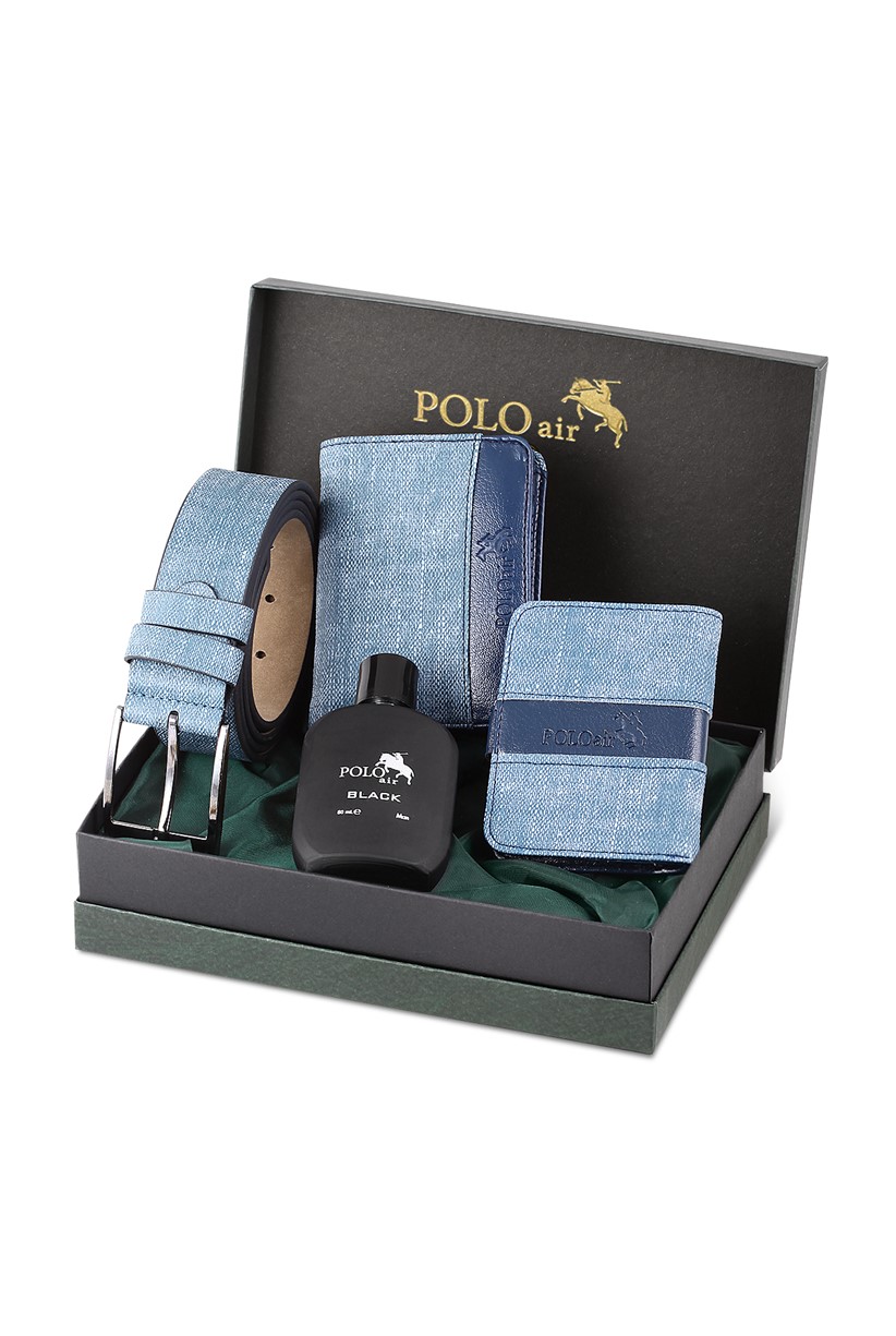 Polo Air Kutulu Erkek Parfüm Kemer Cüzdan Kartlık Seti Mavi PM-10-M