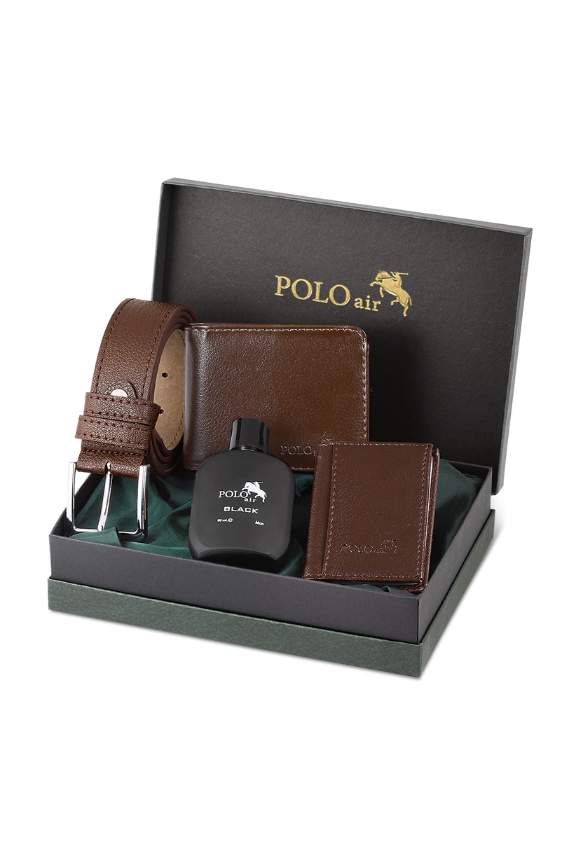 Polo Air Kutulu Klasik Erkek Cüzdan Kemer Kartlık Parfüm Seti Kahverengi PM-12-K
