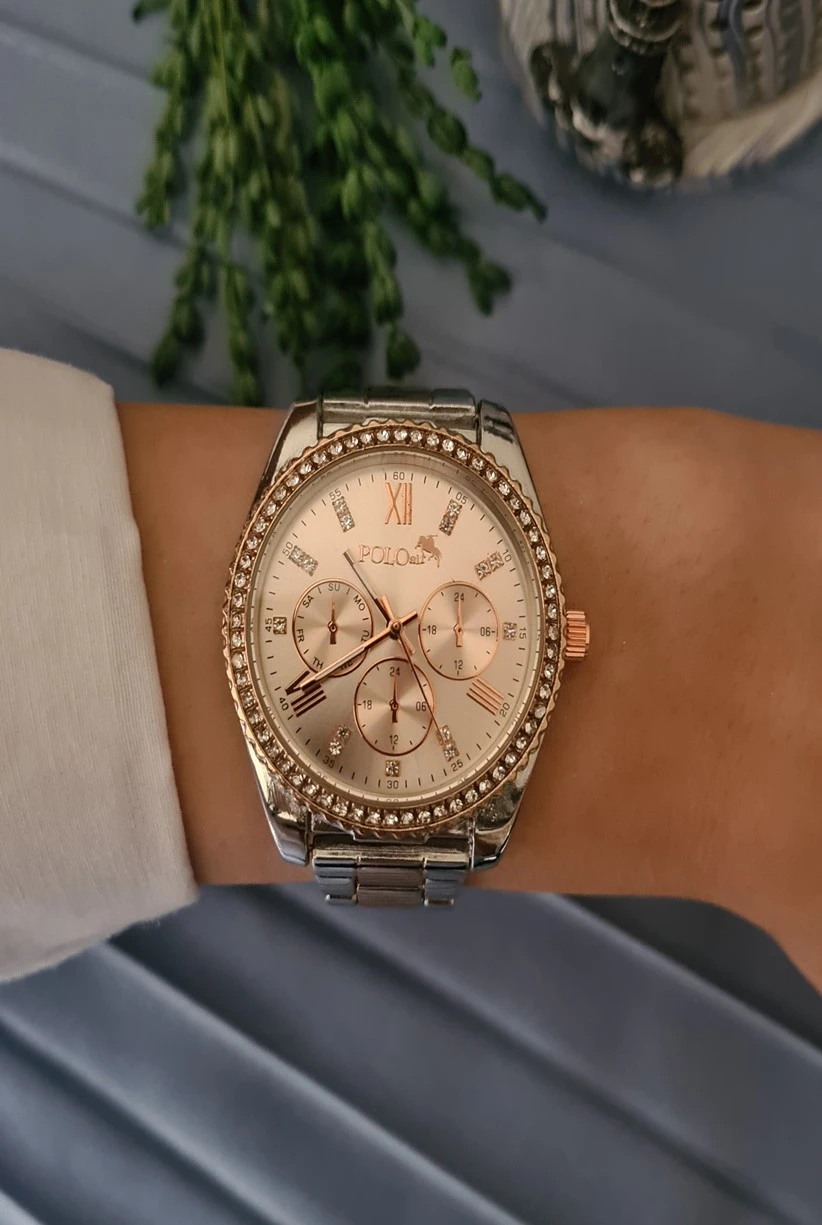 Polo Air Lüx Taş Detaylı Kadın Kol Saati Bakır Gümüş Renk PL-1442B5x