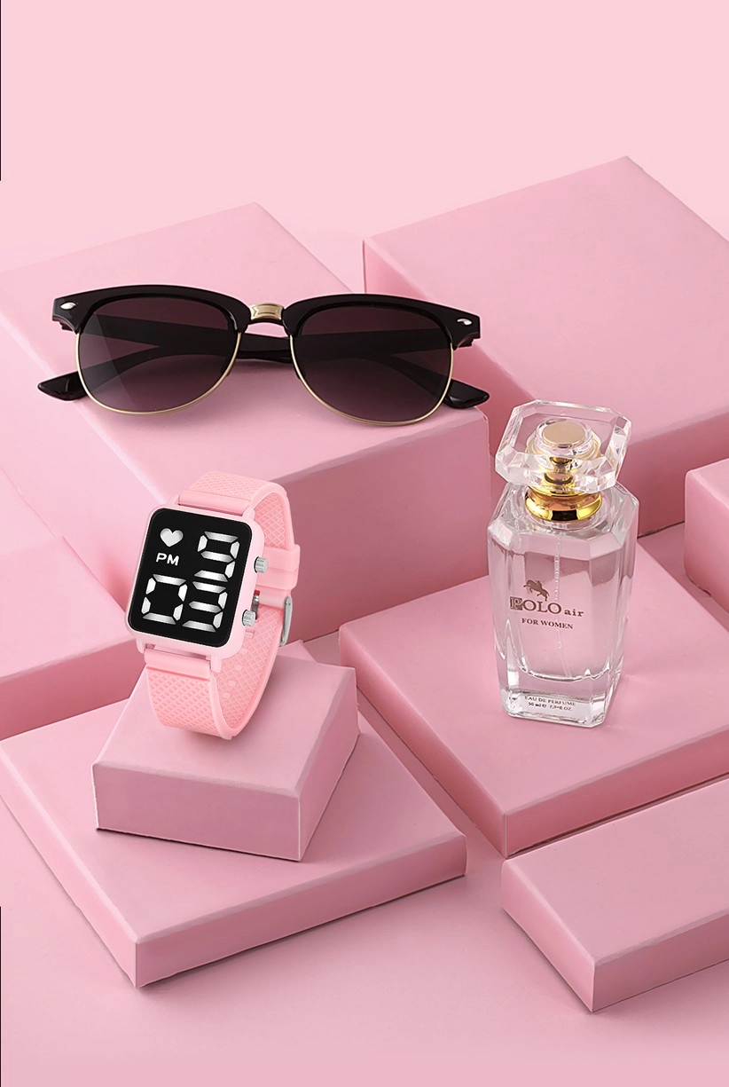 Polo Air Premium Set Dijital  Kadın Kol Saati Gözlük Parfüm Set Kombin Açık Pembe Renk st-2090s4