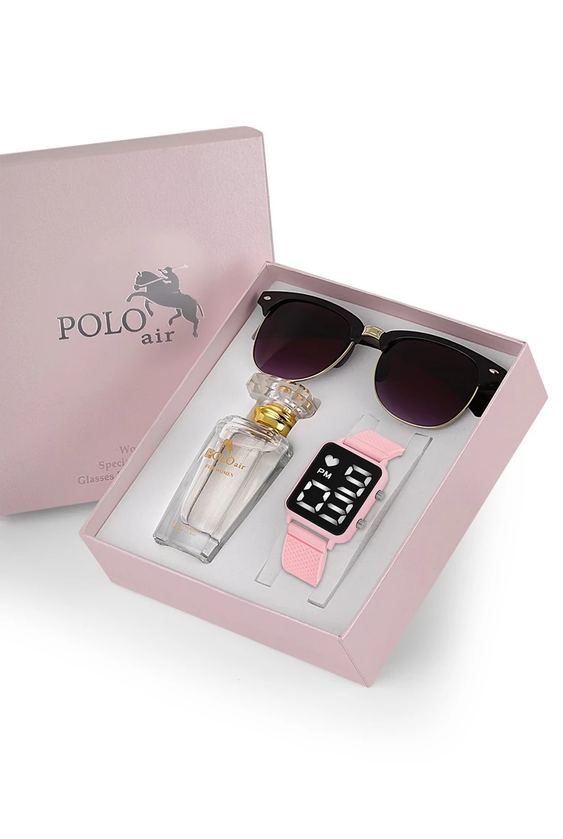 Polo Air Premium Set Dijital  Kadın Kol Saati Gözlük Parfüm Set Kombin Açık Pembe Renk st-2090s4