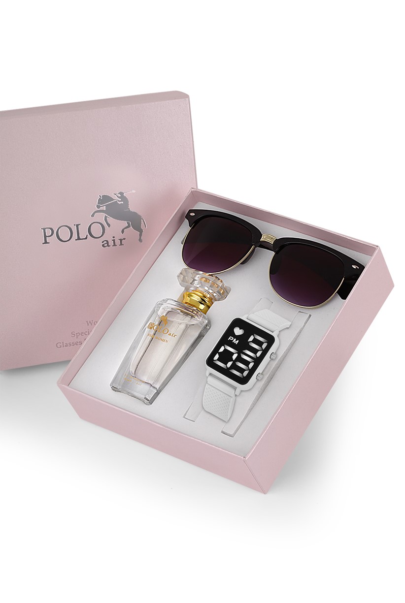 Polo Air Premium Set Dijital  Kadın Kol Saati Gözlük Parfüm Set Kombin Beyaz Renk st-2090s1