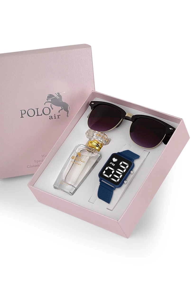 Polo Air Premium Set Dijital  Kadın Kol Saati Gözlük Parfüm Set Kombin Lacivert Renk st-2090s2