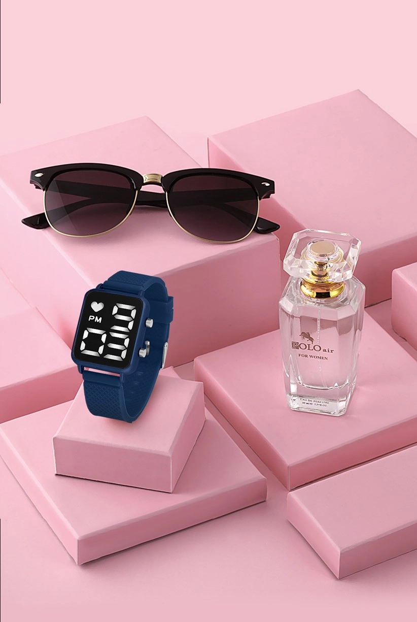 Polo Air Premium Set Dijital  Kadın Kol Saati Gözlük Parfüm Set Kombin Lacivert Renk st-2090s2