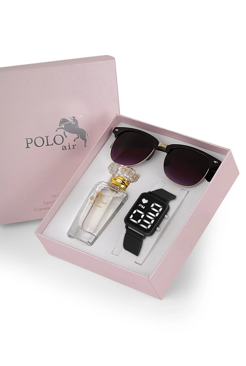 Polo Air Premium Set Dijital  Kadın Kol Saati Gözlük Parfüm Set Kombin Siyah Renk st-2090s5