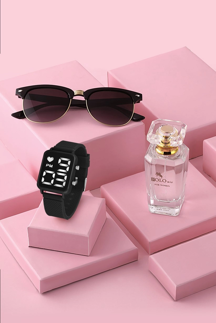 Polo Air Premium Set Dijital  Kadın Kol Saati Gözlük Parfüm Set Kombin Siyah Renk st-2090s5