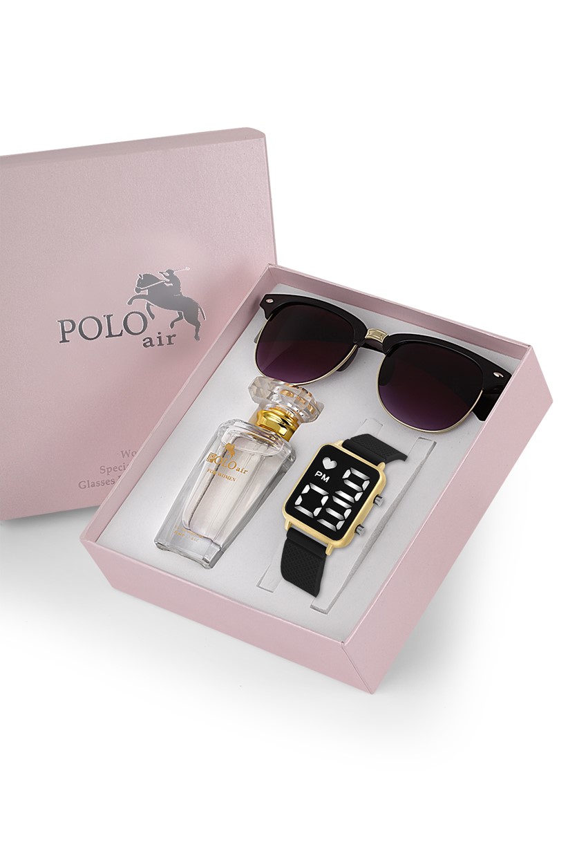 Polo Air Premium Set Dijital  Kadın Kol Saati Gözlük Parfüm Set Kombin Siyah-Sarı Renk st-2090s6