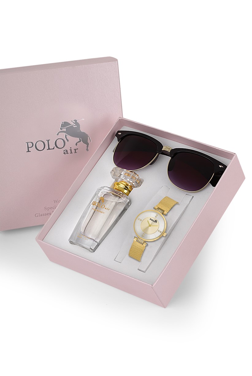 Polo Air Premium Set Kadın Kol Saati Gözlük Parfüm Set Kombin Altın Renk st-2089s1