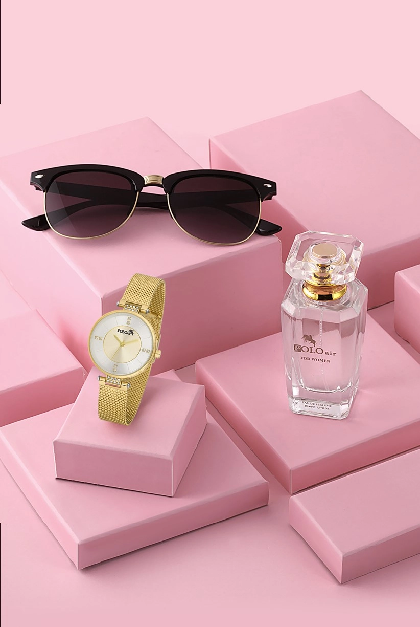 Polo Air Premium Set Kadın Kol Saati Gözlük Parfüm Set Kombin Altın Renk st-2089s1