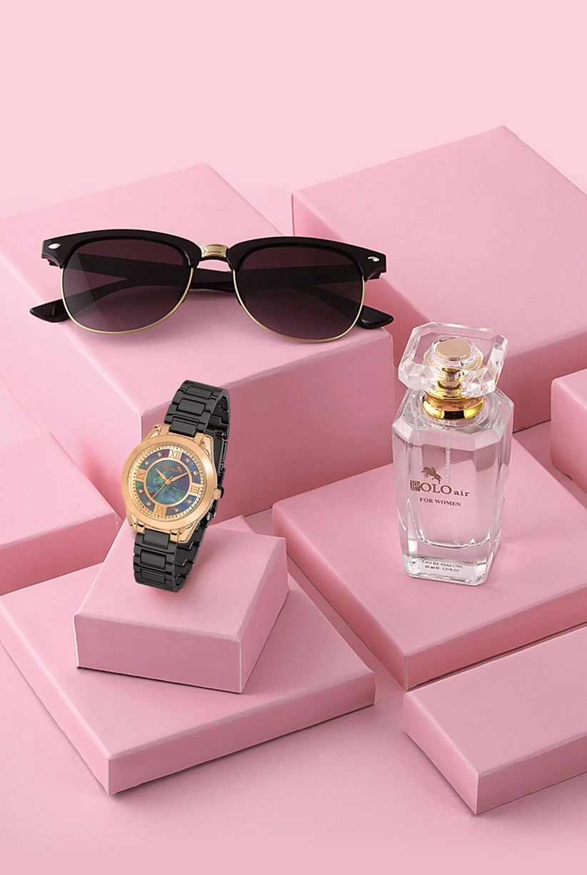Polo Air Premium Set Kadın Kol Saati Gözlük Parfüm Set Kombin Siyah Renk st-2080s4
