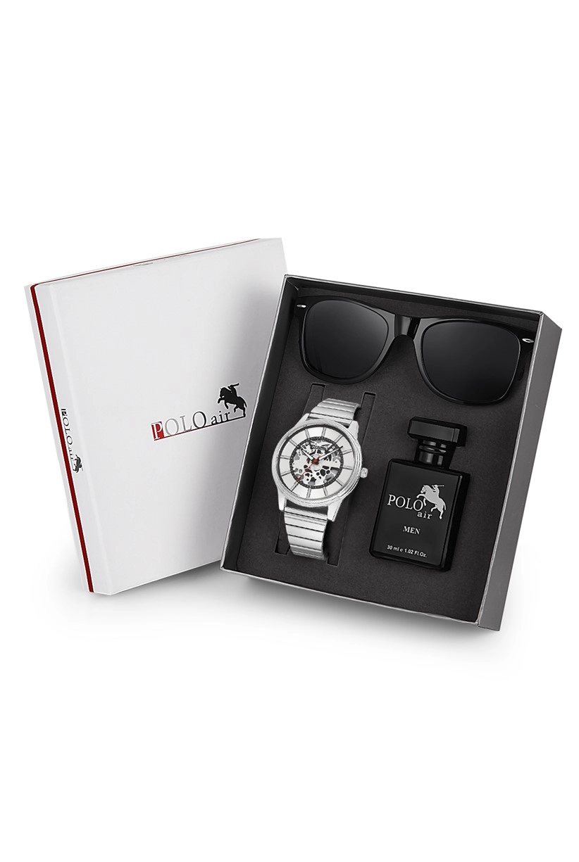 Polo Air Premium Set Kombin Erkek Kol Saati Parfüm Gözlük Set Gümüş Renk PL-0714E4