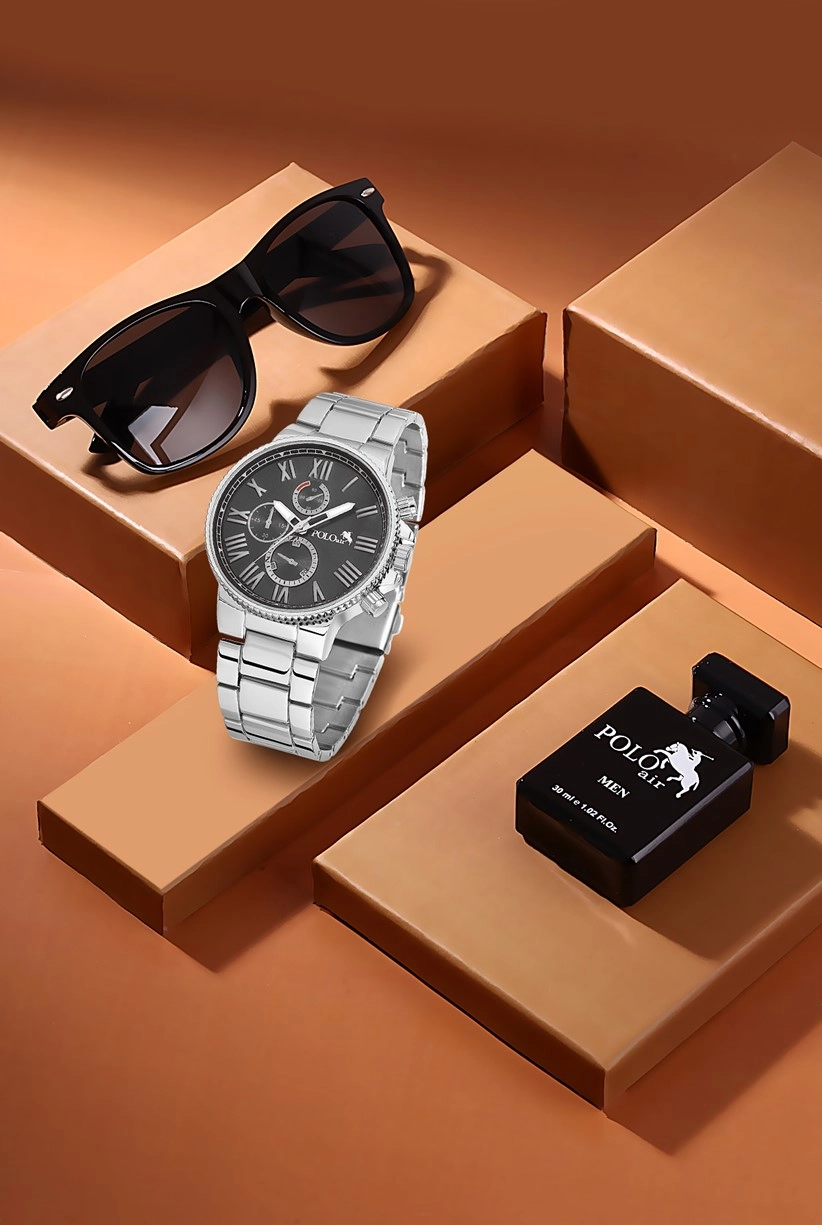 Polo Air Premium Set Kombin Erkek Kol Saati Parfüm Gözlük Set Gümüş-Siyah Renk PL-0704E4