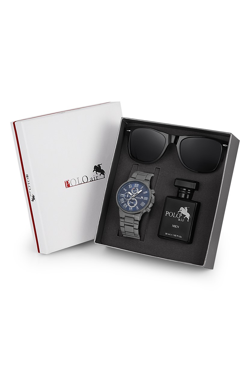 Polo Air Premium Set Kombin Erkek Kol Saati Parfüm Gözlük Set Siyah-içi Lacivert Renk PL-0704E2