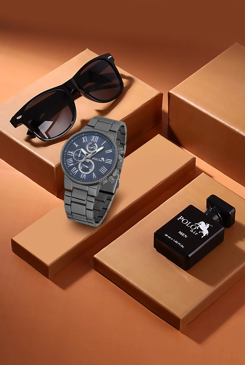 Polo Air Premium Set Kombin Erkek Kol Saati Parfüm Gözlük Set Siyah-içi Lacivert Renk PL-0704E2