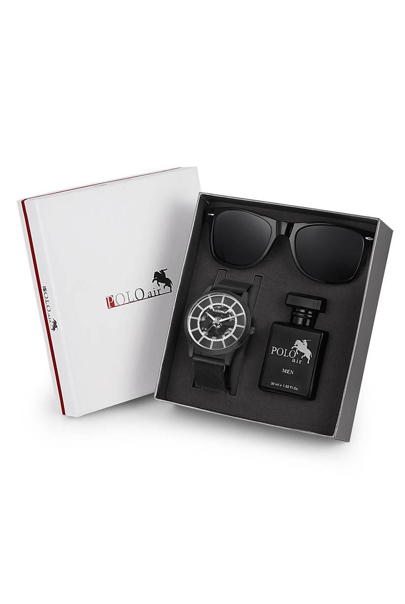 Polo Air Premium Set Kombin Erkek Kol Saati Parfüm Gözlük Set Siyah Renk PL-0716E1