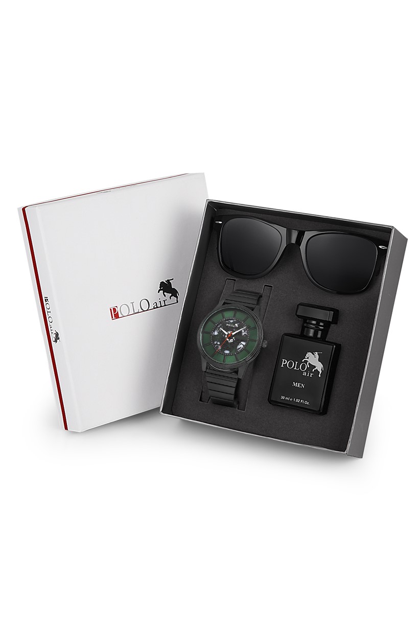 Polo Air Premium Set Kombin Erkek Kol Saati Parfüm Gözlük Set Siyah-Yeşil Renk PL-0714E3