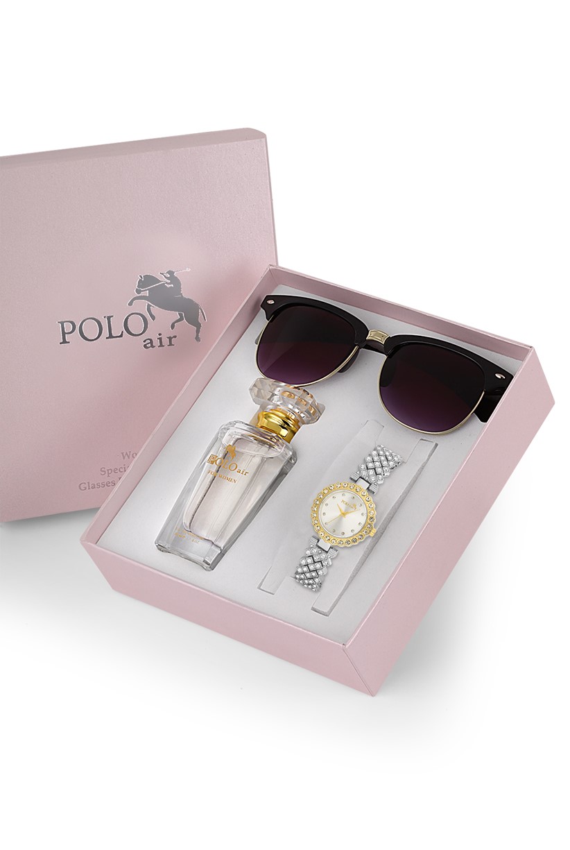Polo Air Premium Set Lüx Taşlı Kadın Kol Saati Gözlük Parfüm Set Kombin Gümüş-Sarı Renk st-2084s4