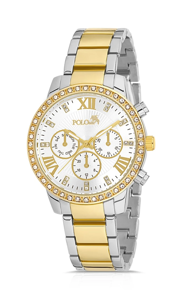 Polo Air Spor Kasa Kadın Kol Saati Zirkon Taşlı Yaprak  Bileklik Kombin Gümüş-Sarı  Renk PL-1456B4