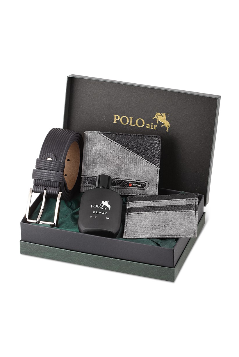 Polo Air Su Yolu Desen Cüzdan Kartlık Kemer Parfüm Seti Gri PM-15-G