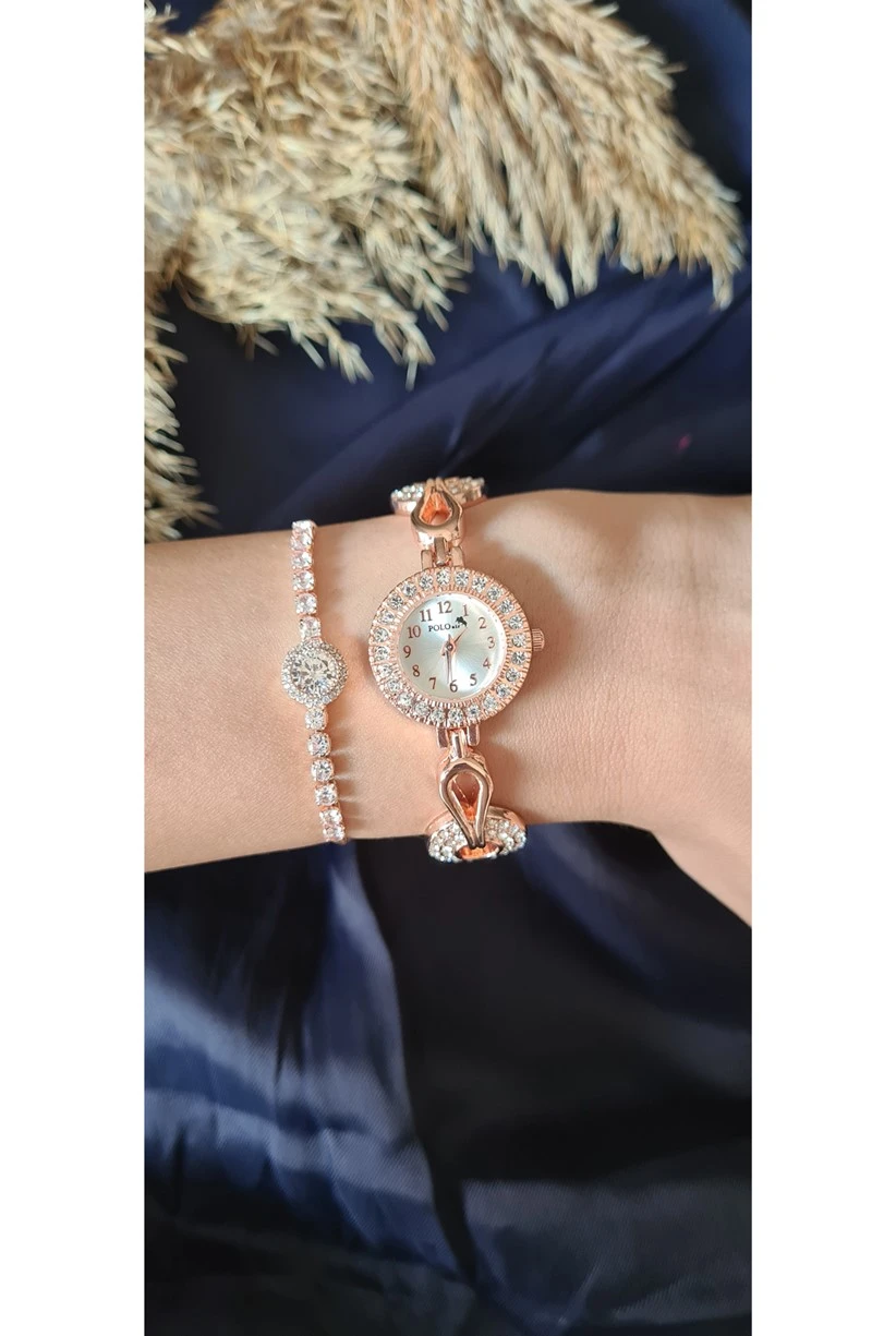 Polo Air Zarif Vintage Kadın Kol Saati Zirkon Taşlı Bileklik Kombin Bakır Renk PL-1446B3