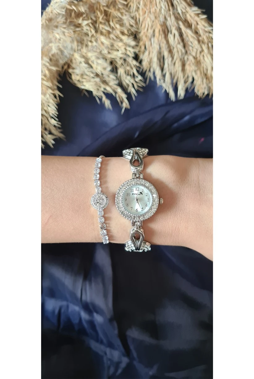 Polo Air Zarif Vintage Kadın Kol Saati Zirkon Taşlı Bileklik Kombin Gümüş Renk PL-1446B2