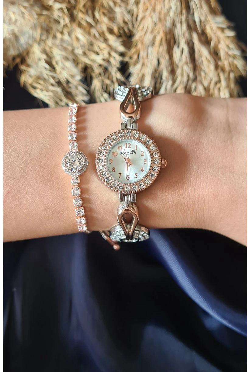 Polo Air Zarif Vintage Kadın Kol Saati Zirkon Taşlı Bileklik Kombin Gümüşe Bakır Renk PL-1446B5