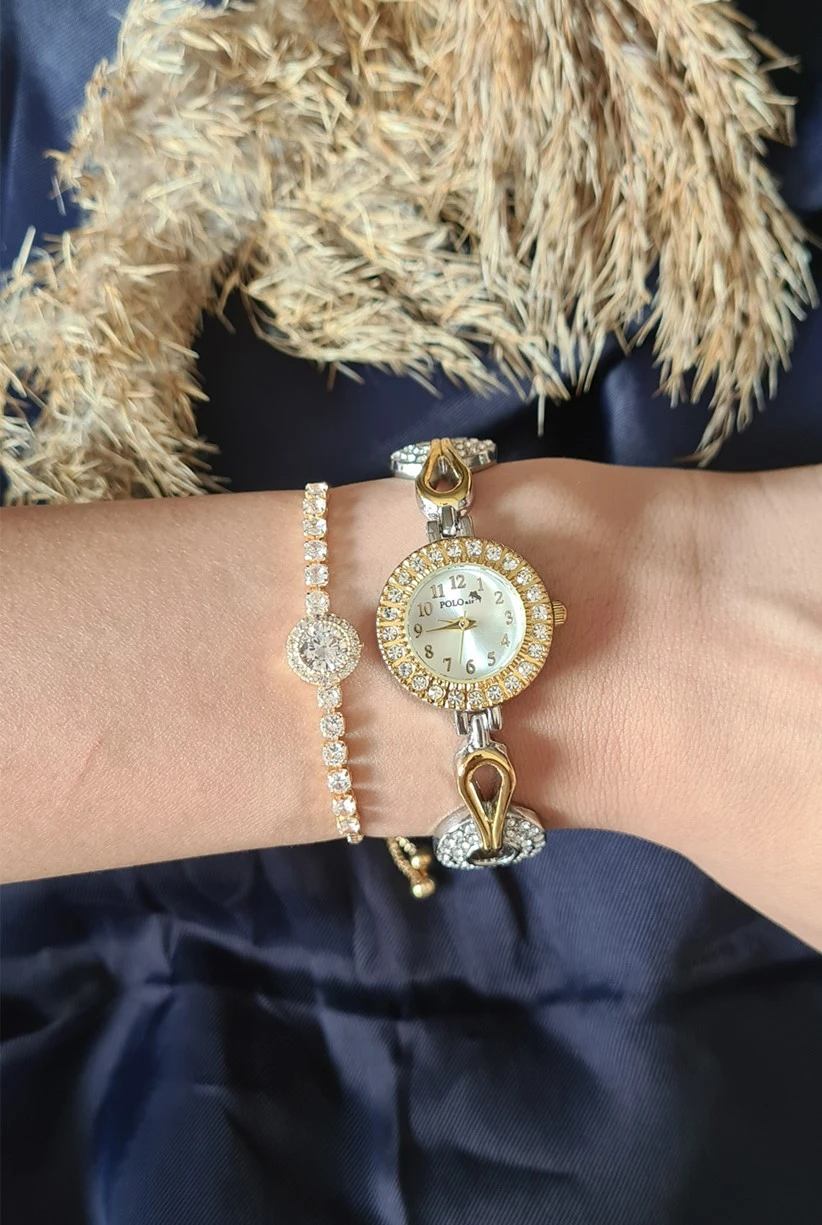 Polo Air Zarif Vintage Kadın Kol Saati Zirkon Taşlı Bileklik Kombin Gümüşe Sarı Renk PL-1446B4