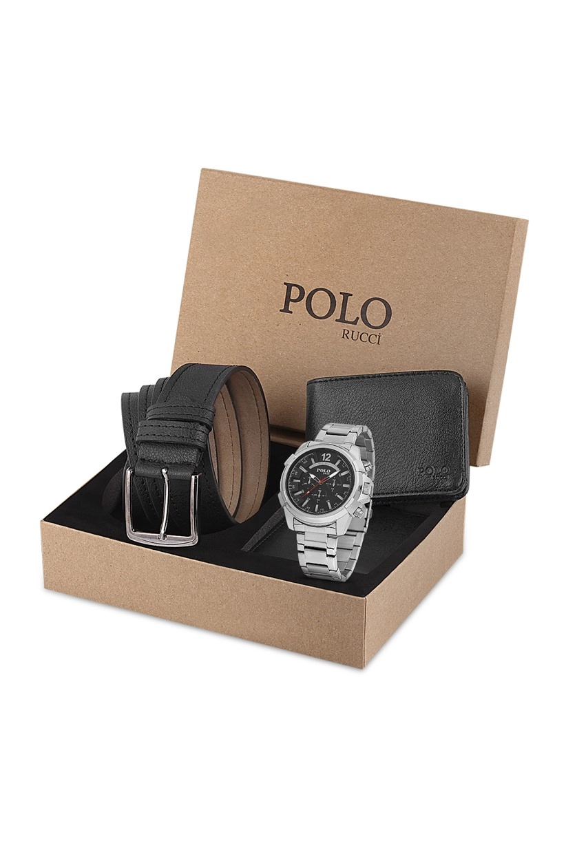 Polo Louis Erkek Set Kombin  Spor Kol Saati Kemer Cüzdan Siyah-Gümüş İçi Siyah Renk PL-0722E3