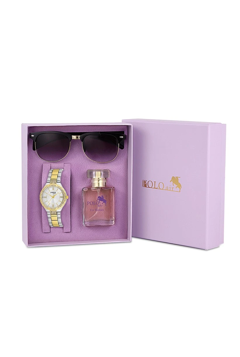 Polo Louıs Kadın Kol Saati Kutulu Set 30 ml Parfüm ve Güneş Gözlüğü Seti Sarı-Beyaz st-2088s3