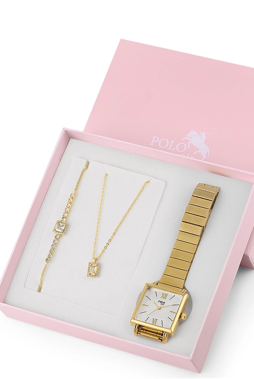 Polo Louis Vintage Kadın Kol Saati Zirkon Taşlı Baget Kolye Bileklik Özel Kombin Set Altın Renk st-2078s1