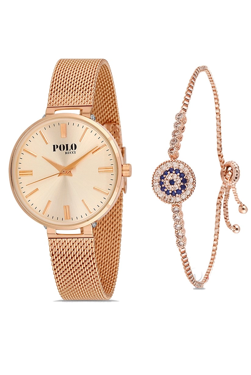 Polo Rucci Hasır Kordon Kadın Kol Saati Zirkon Taşlı Nazar Bileklik Kombin Bakır Renk PL-1458B3