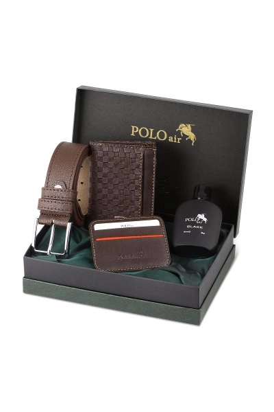 Polo Air Dama Desenli Kutulu Erkek Cüzdan Kemer Kartlık Parfüm Seti Kahverengi PM-13-K