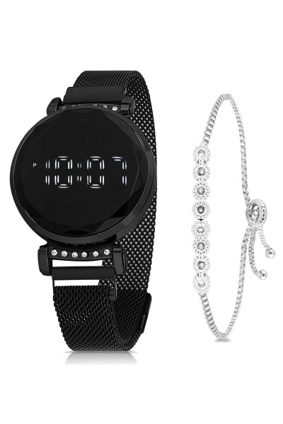 Polo Air Hasır Mıknatıslı Kordon Led Kadın Kol Saati Ve Su Yolu Bileklik Kombin Siyah Renk PL-1403B4
