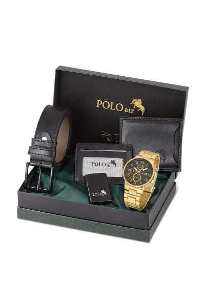 Polo Air Kutulu Erkek Kol Saati Cüzdan Kemer Kartlık Benzinli Çakmak Seti Altın Siyah PL-0699E5