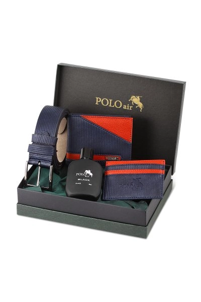Polo Air Su Yolu Desen Cüzdan Kartlık Kemer Parfüm Seti Lacivert PM-15-L