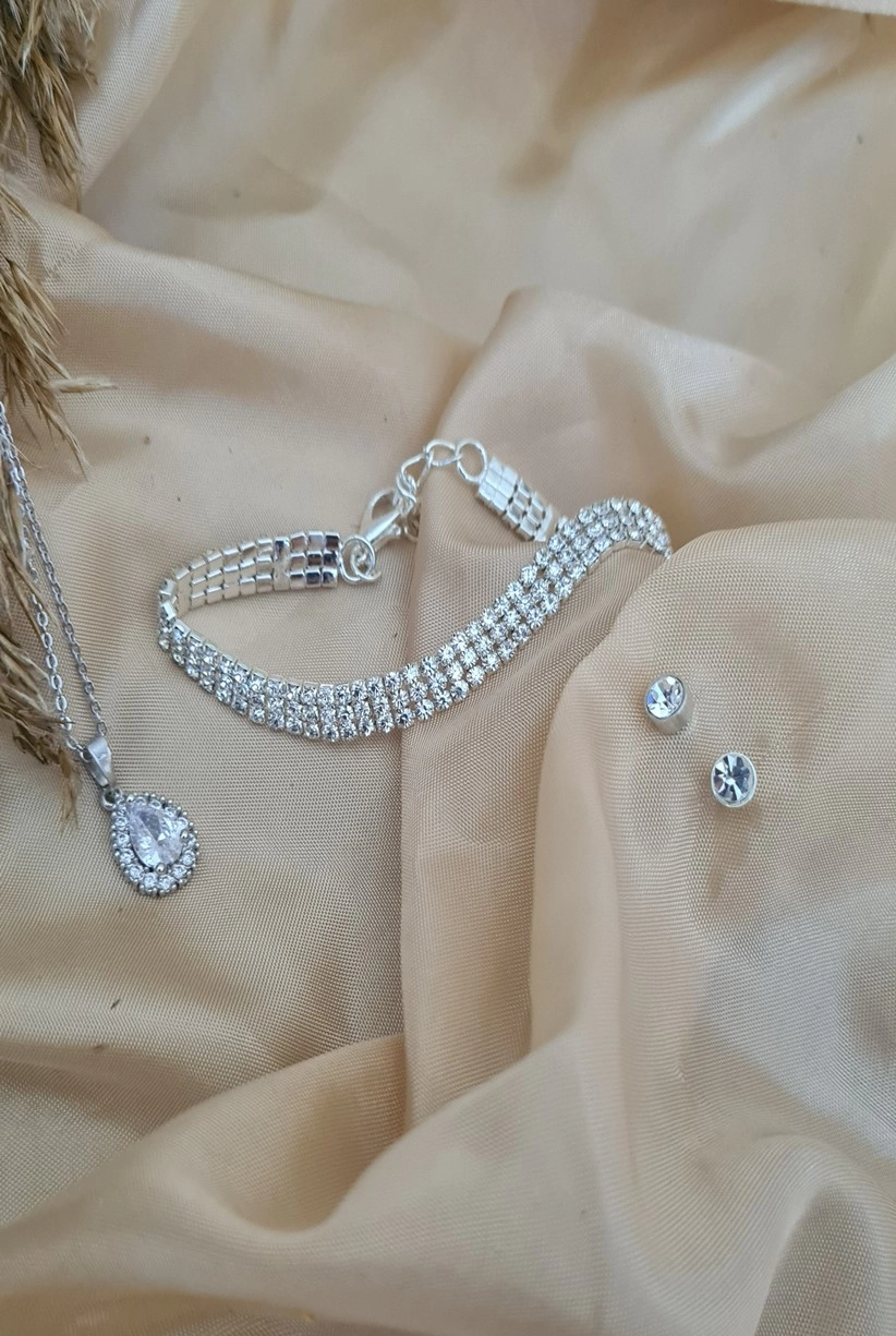 Zirkon Taşlı Damla Model Kolye ve Bileklik Küpe Kombin Gümüş Renk x0027