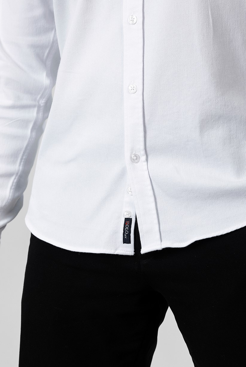 Erkek Gömlek Slimfit Likralı Kumaş Uzun Kol PA-180 Beyaz Renk Lacivert Logo PA-180-BS