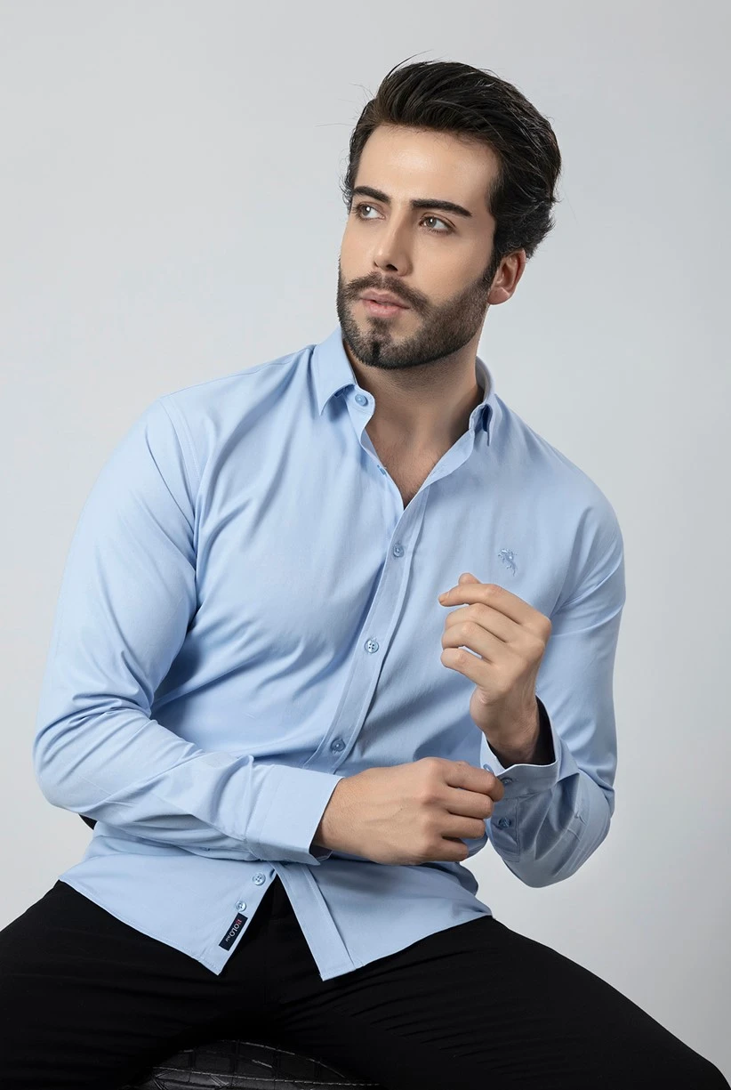 Erkek Uzun Kol Gömlek Slimfit Likralı Kumaş Pa-179 Mavi Renk PA-179-ML